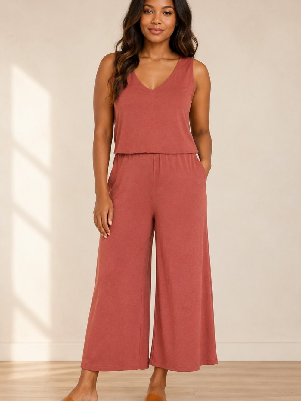 Daily Ritual Womens Pima Cotton and Modal Interlock Sleeveless Wide-Leg Jumpsuit